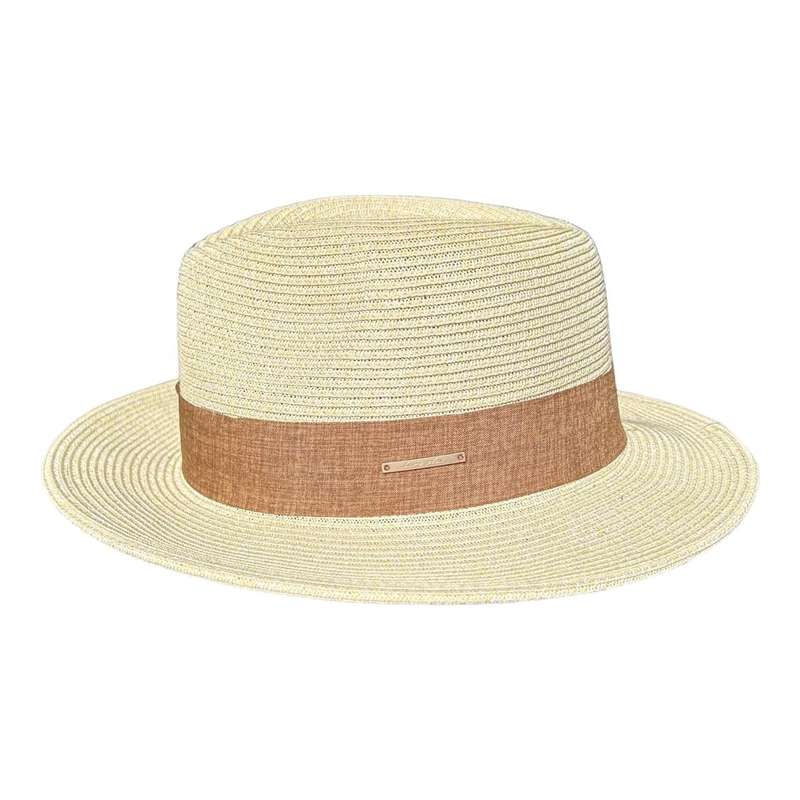 Hat - Cream, Brown Band And Metal Plate