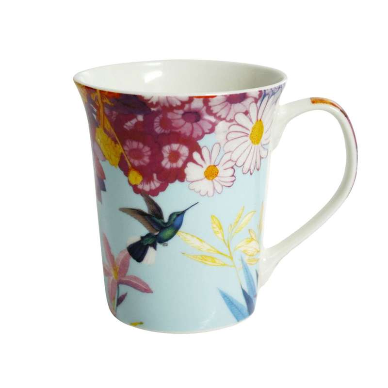 Hummingbird & Floral Blue Ceramic Mug