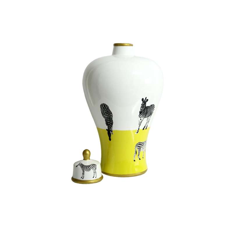Large Ceramic Ginger Jar - Zebras, Yellow And White
