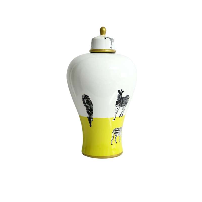 Large Ceramic Ginger Jar - Zebras, Yellow And White