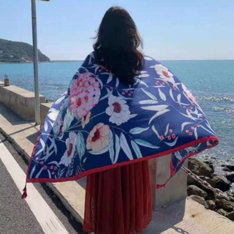 Large Floral Print Scarf with Navy Background