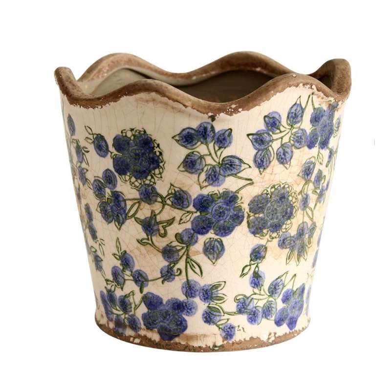 Medium Ceramic Planter - Blue Flowers And Green Leaves