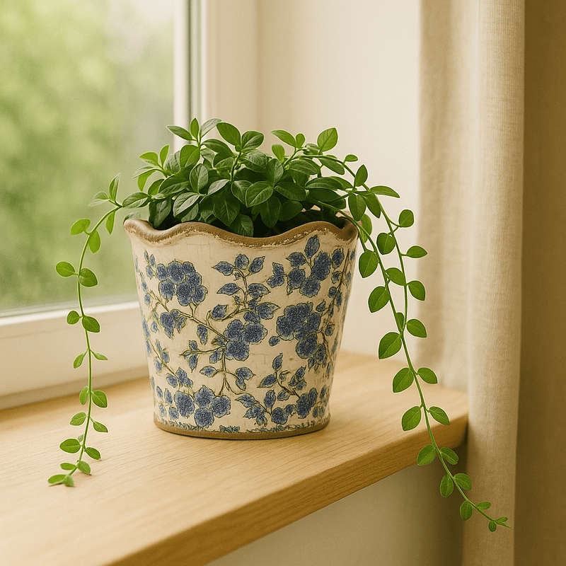Medium Ceramic Planter - Blue Flowers And Green Leaves