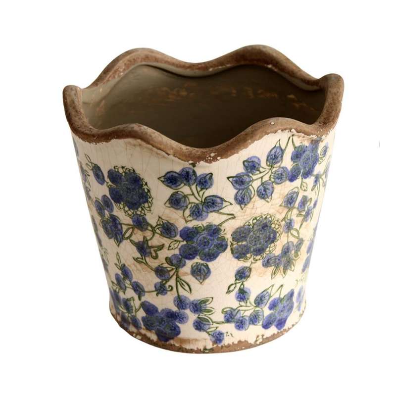 Medium Ceramic Planter - Blue Flowers And Green Leaves