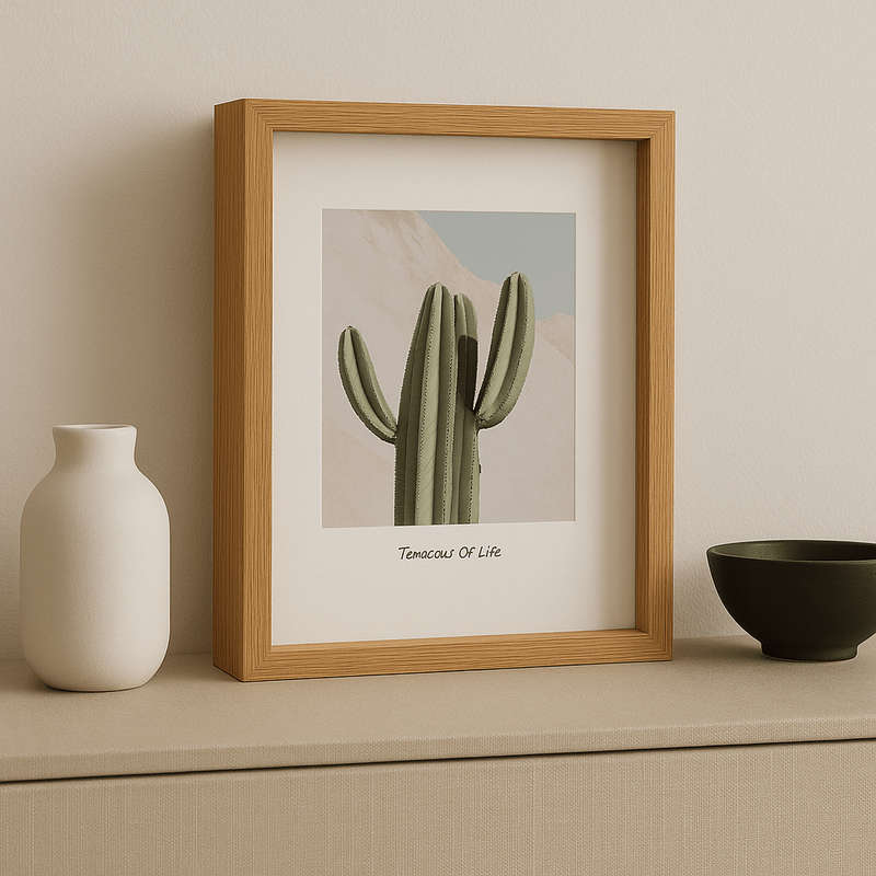 Medium Floating Photoframe with Cactus Image and Light Brown Frame