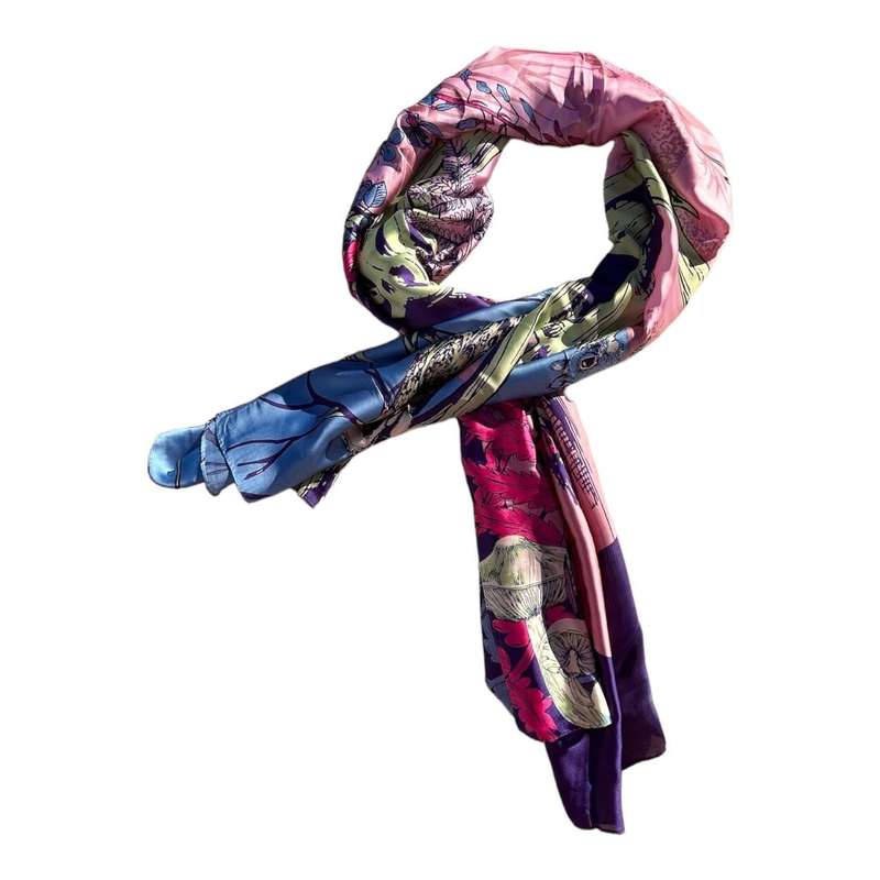 Morning Forest Polyester Scarf with Tree, Leaves, and Mushrooms Design