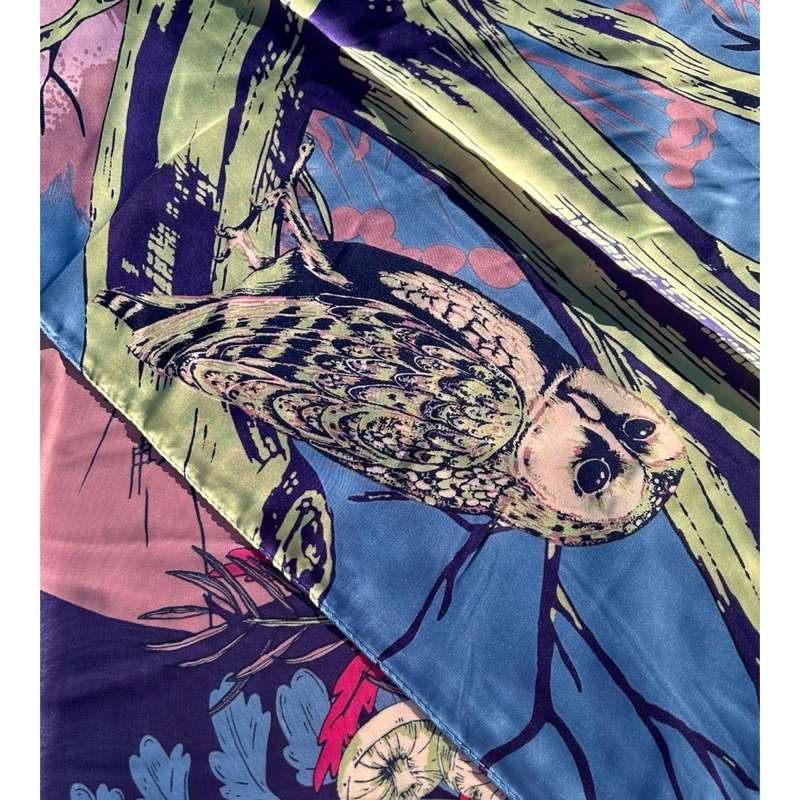 Morning Forest Polyester Scarf with Tree, Leaves, and Mushrooms Design