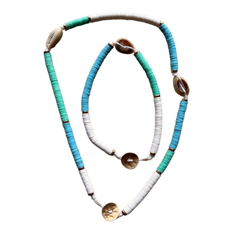 Necklace And Bracelet Set - Blue, White, Turquoise And Shells