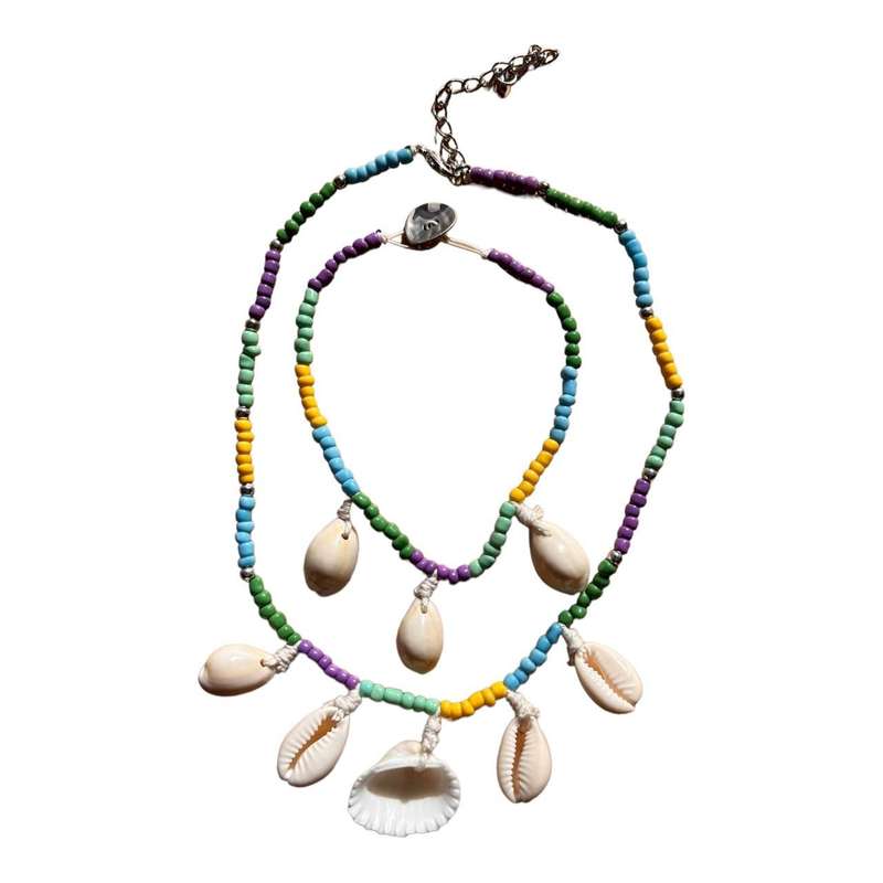 Necklace And Bracelet Set - Colourful Round Beads And Shells