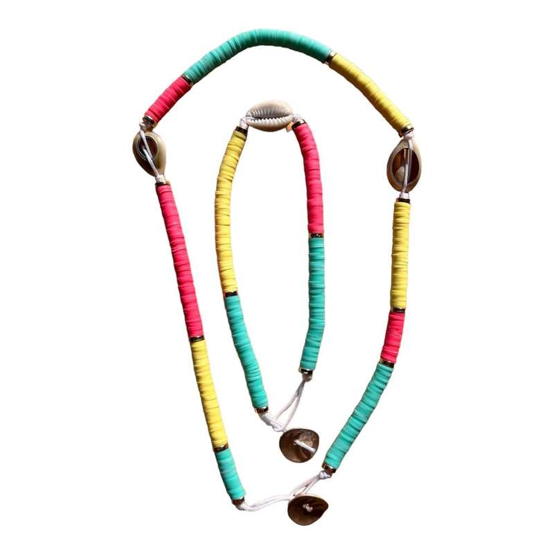 Necklace And Bracelet Set - Pink, Yellow, Turquoise And Shells