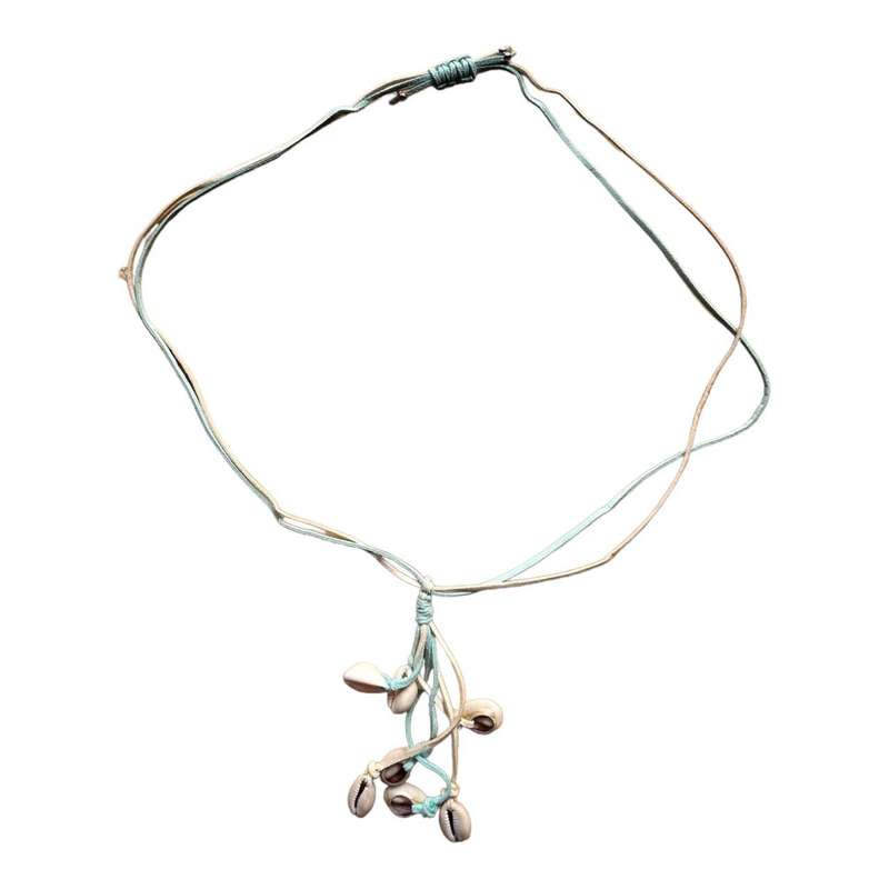 Necklace - Blue And Beige Faux Leather, Shell Tassel