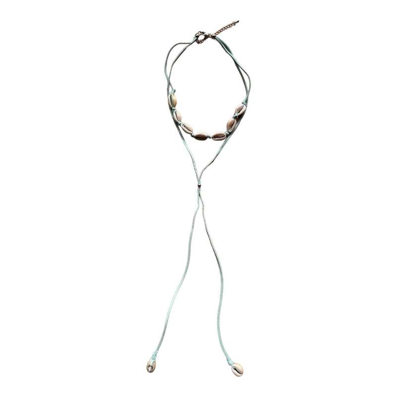 Necklace - Blue Faux Leather, Double Loops, Shells