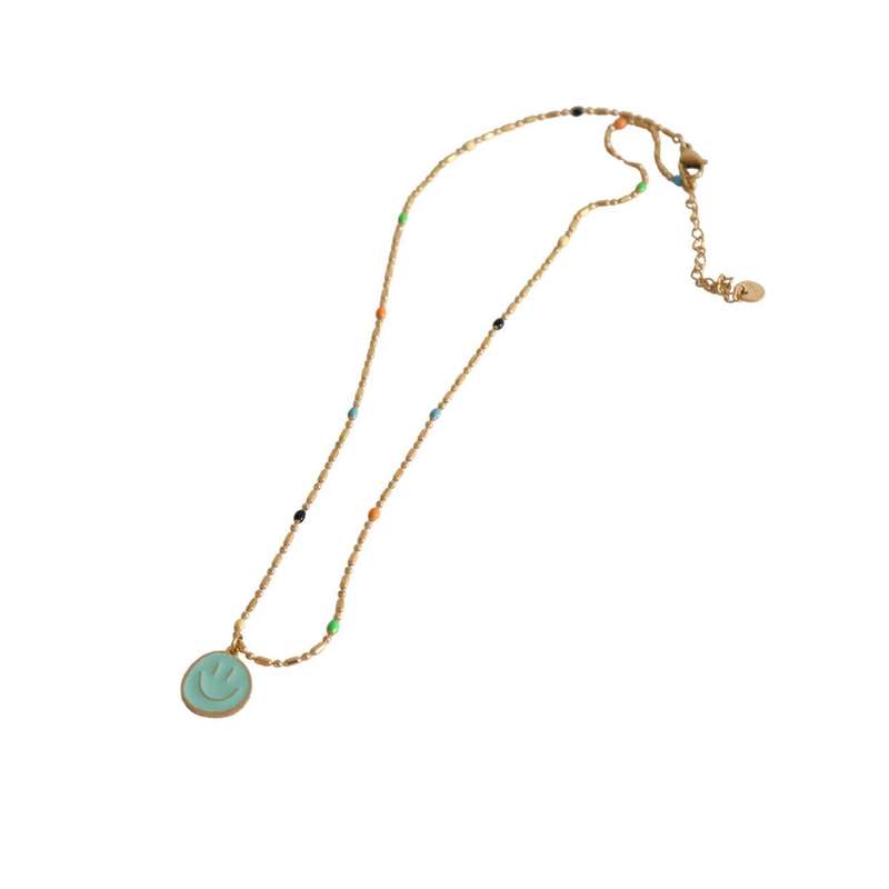 Necklace - Mint Smiley, Gold and Assorted Colour Beads