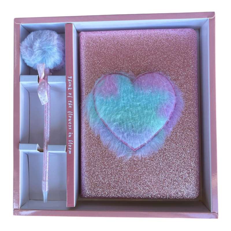 Notebook Gift Set - Pink Glitter And Pastel Rainbow Fluffy Heart