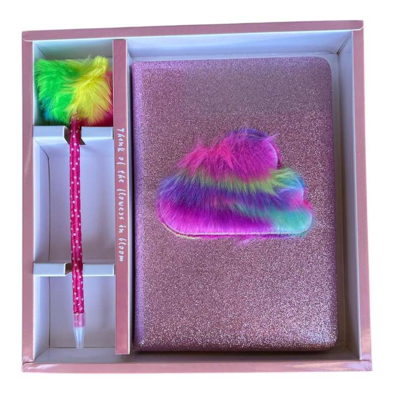 Notebook Gift Set - Pink Glitter And Vibrant Rainbow Fluffy Cloud