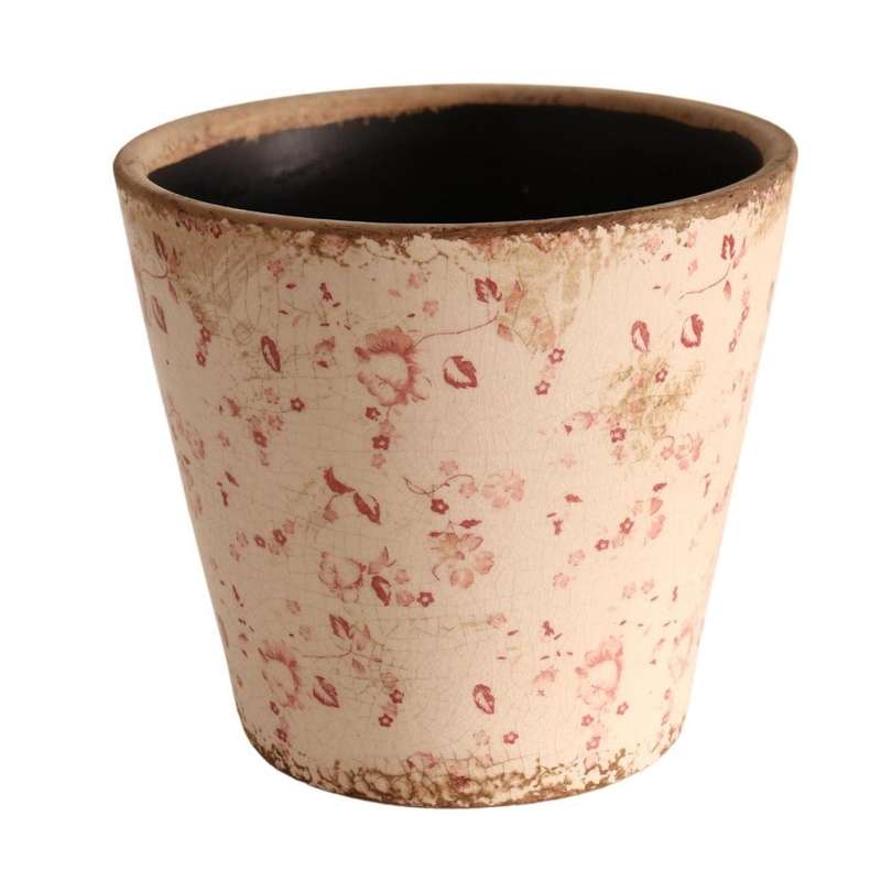 Off White Ceramic Planter Pink Flowers
