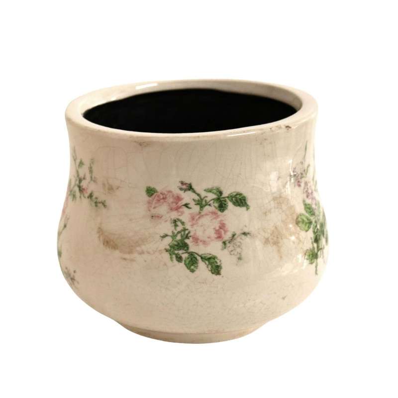 Off White Planter Pot - Pink Roses And Green Leaves