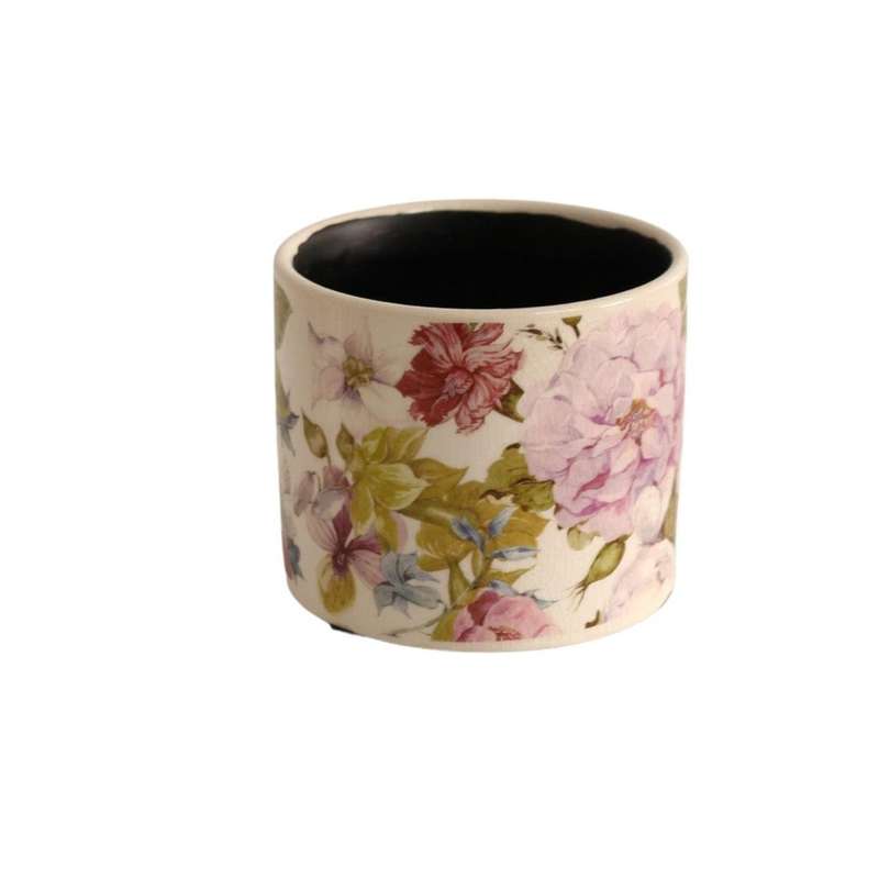 Off White Pot Planter - Bold Multi Colour Flowers