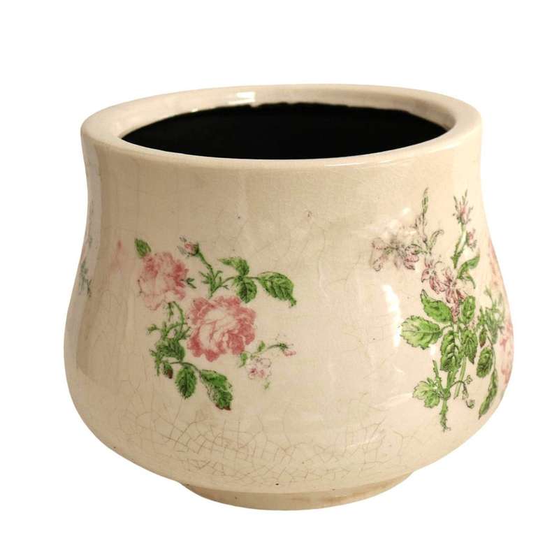 Off White Pot Planter - Pink Flowers And Green Leaves