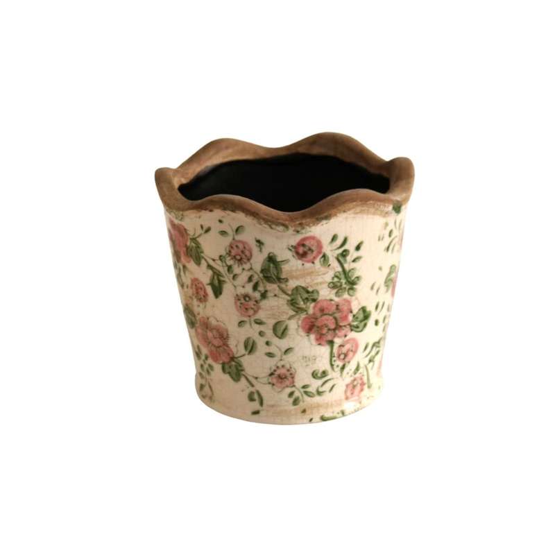 Off White Pot Planter - Pink Flowers And Green Leaves