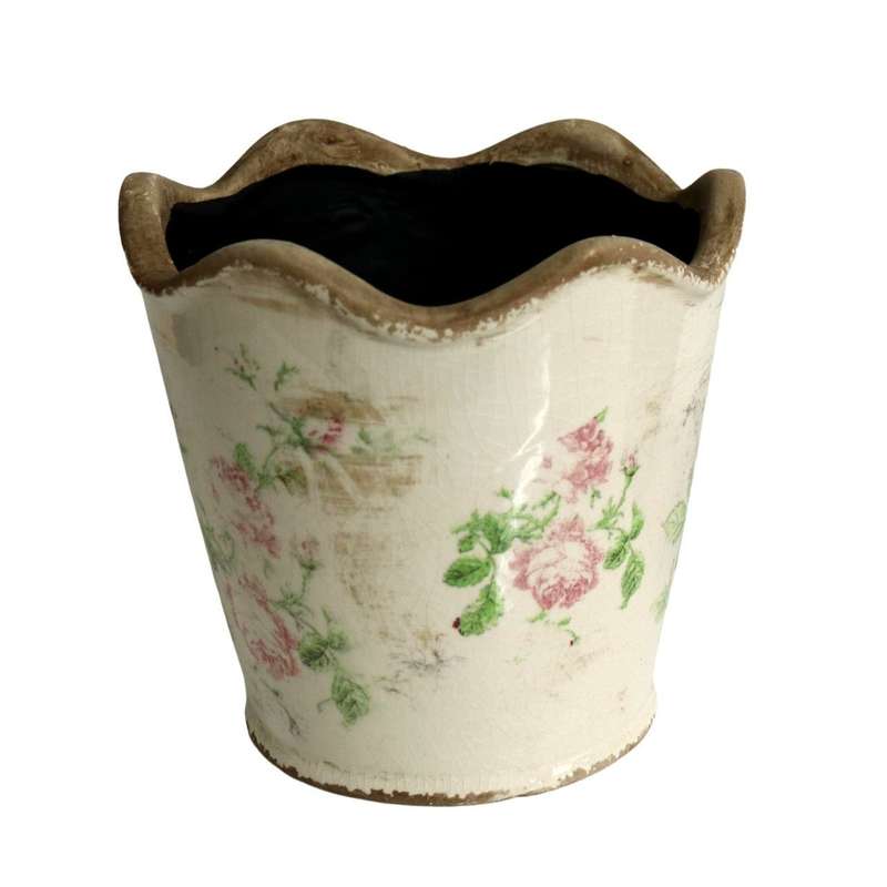 Off White Pot Planter - Pink Roses And Green Leaves