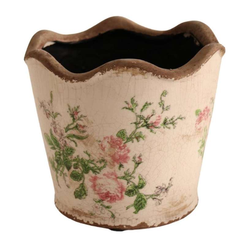 Off White Pot Planter - Pink Roses And Green Leaves