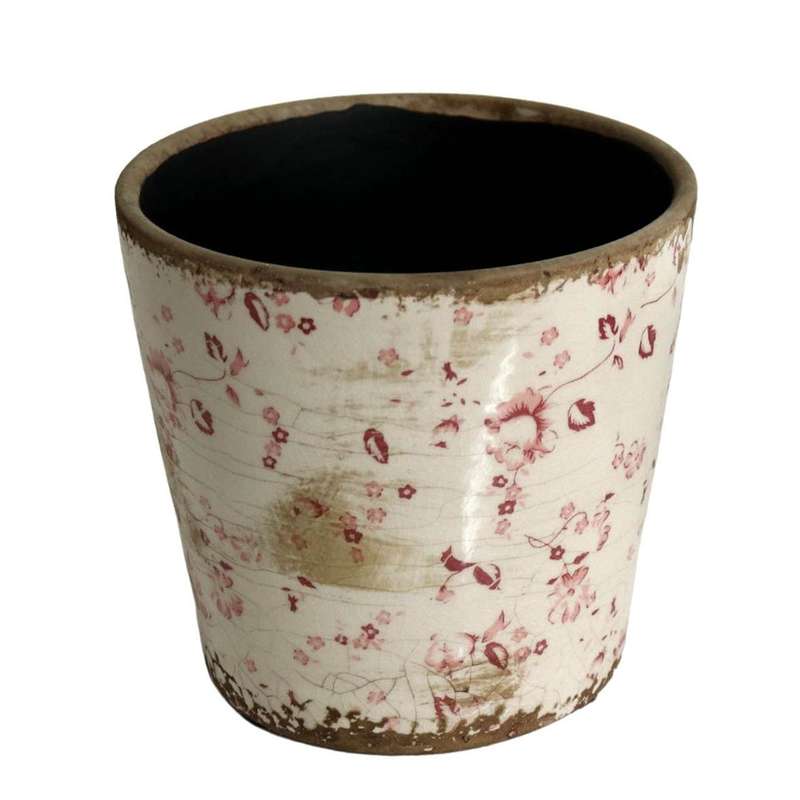 Off White Pot Planter - Red And Pink Flowers