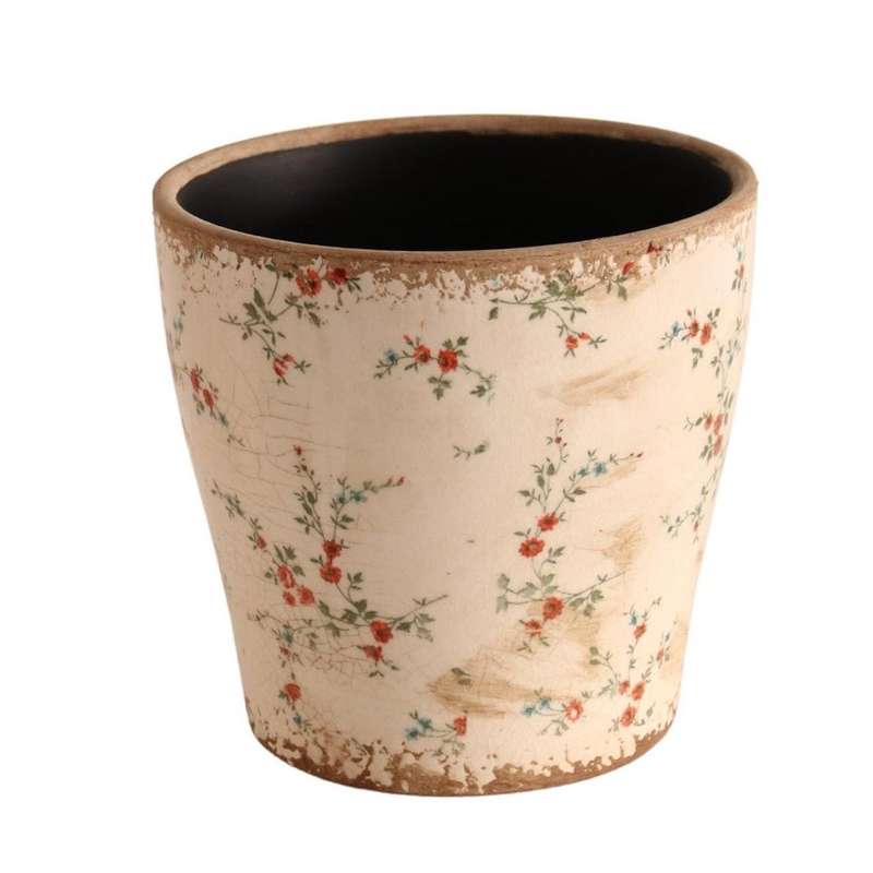 Off White Pot Planter - Red Flowers And Green Vines