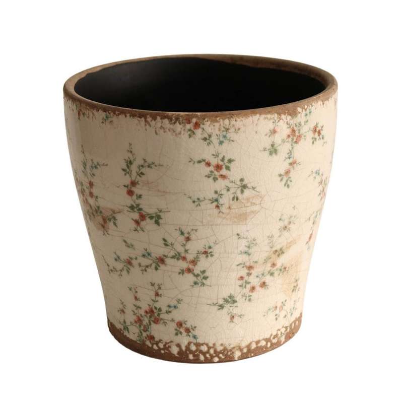 Off White Pot Planter - Small Pink Flowers And Green Vines
