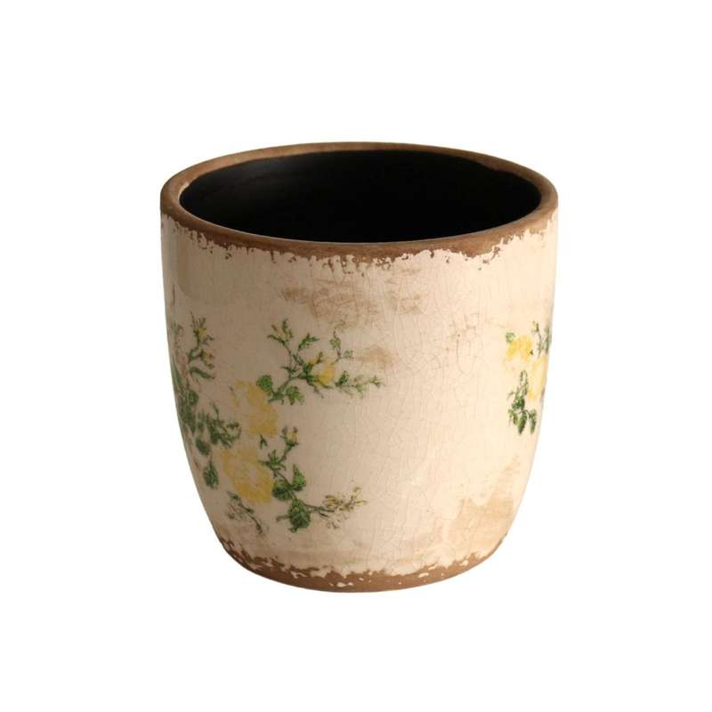 Off White Pot Planter - Yellow Flowers And Green Leaves