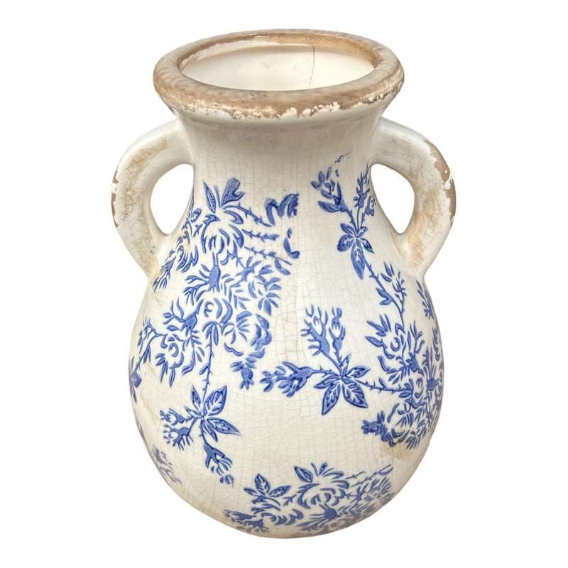 P6863173 Ceramic Two Arm Vase - Blue Leaves Silhouettes
