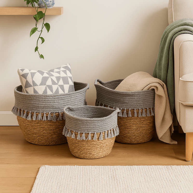Set of 3 Weaved Baskets - Grey Top And Tassels