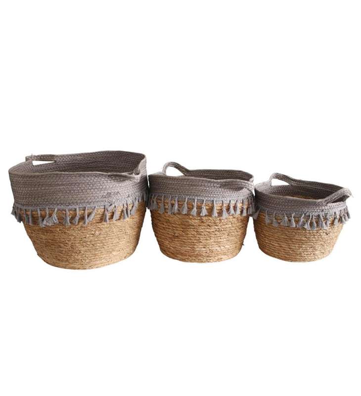 Set of 3 Weaved Baskets - Grey Top And Tassels