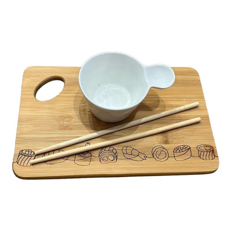 Small Bamboo Board, Chopsticks And Ceramic Bowl - Engraved Sushi