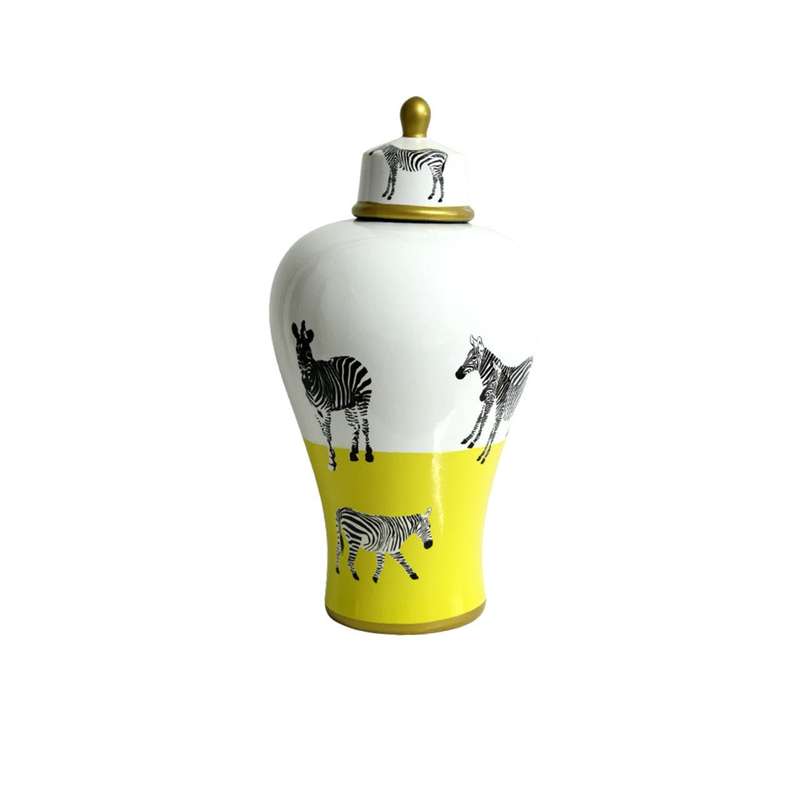 Small Ceramic Ginger Jar - Zebras, Yellow And White