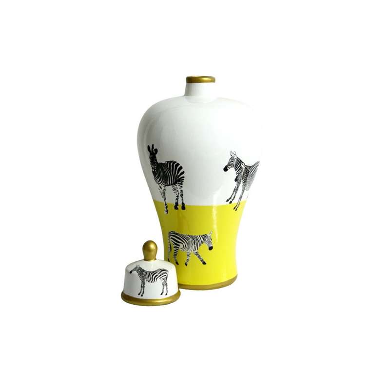 Small Ceramic Ginger Jar - Zebras, Yellow And White