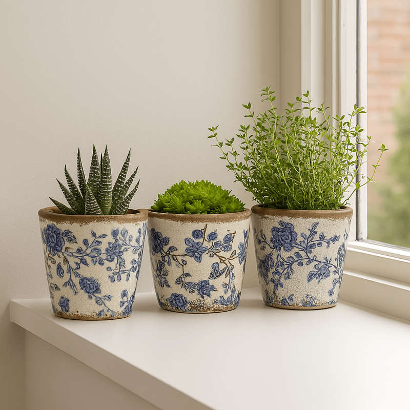 Small Ceramic Planter - Blue Flowers