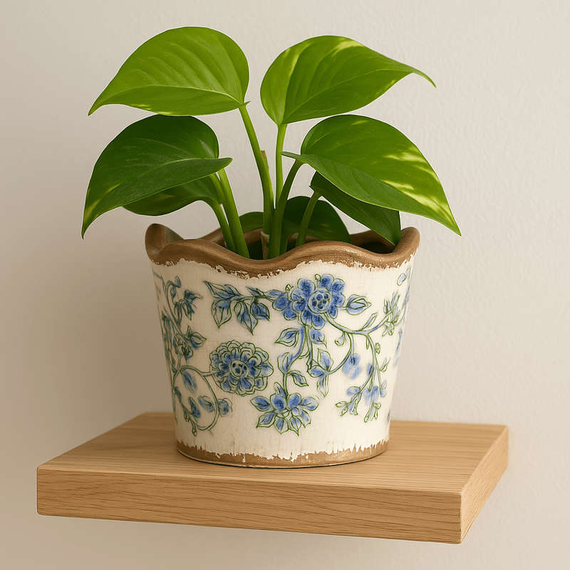 Small Ceramic Planter - Blue Flowers And Green Leaves