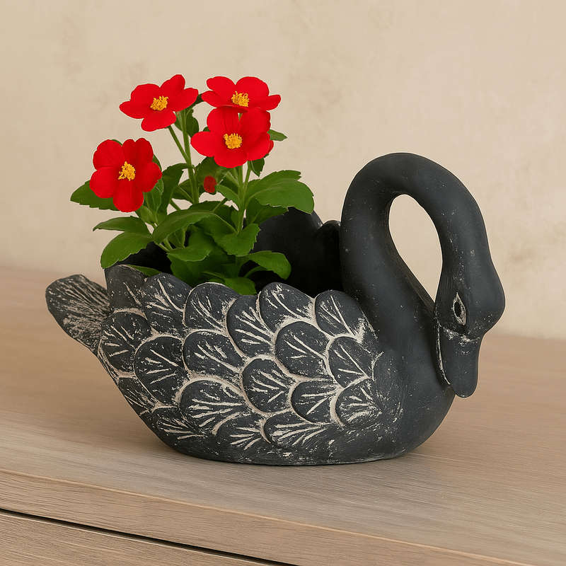 Small Charcoal Resting Swan Planter