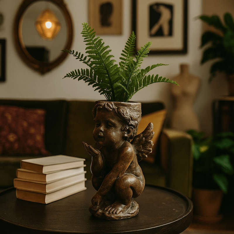 Small Grey Cement Angel Blow Kiss Planter