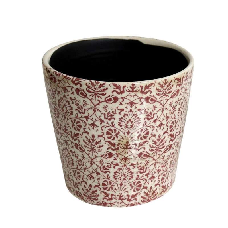 ST1483 Off White Pot Planter - Red Leaf And Vine Pattern
