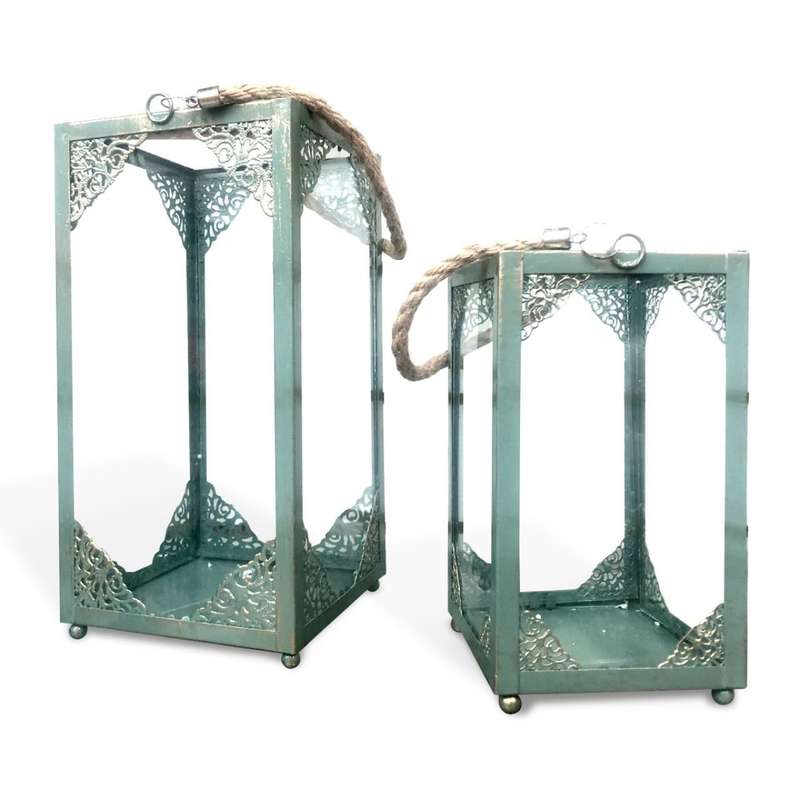Storm Lanterns Set of 2 - Weathered Green, Frills Corner