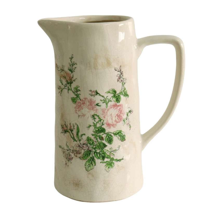 T01RG1 Large Off White Jug - Pink Roses And Leaves