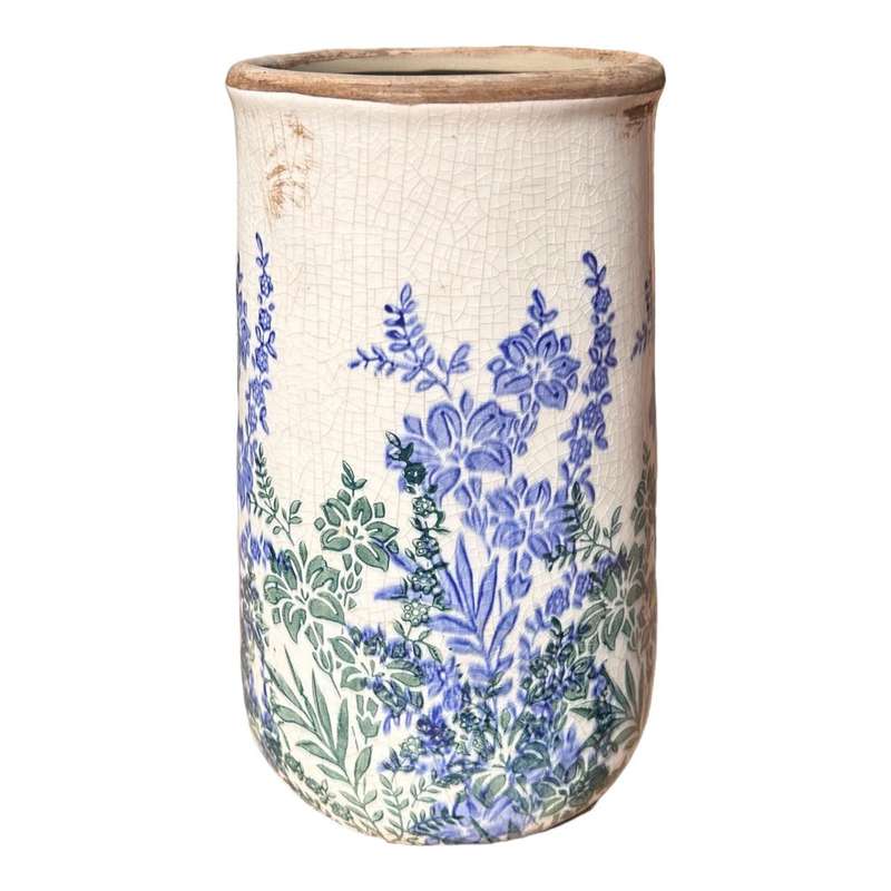 Tall Ceramic Vase - Blue And Green Flowers