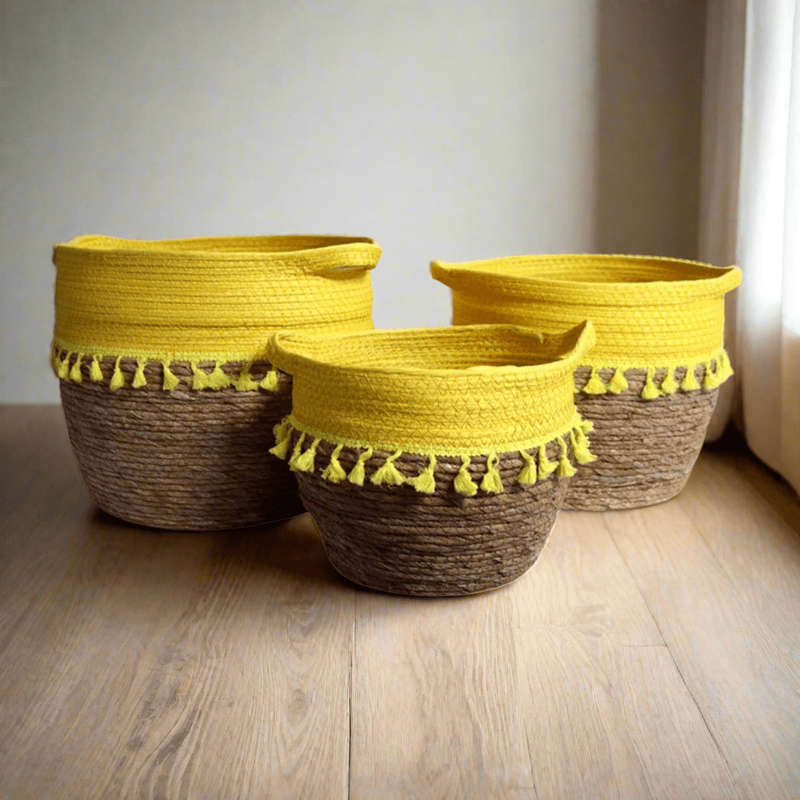 Weaved Baskets Set Of 3 - Bright Yellow Top
