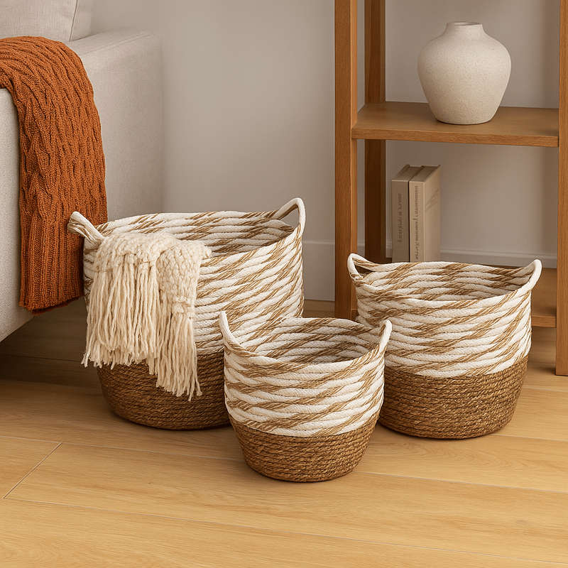 Weaved Baskets Set Of 3  - Brown And White Mix Top