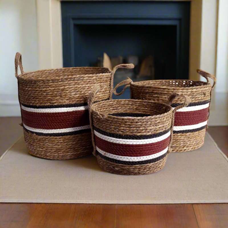 Weaved Baskets Set Of 3  - Thick Deep Red Stripe Black And White Stripes