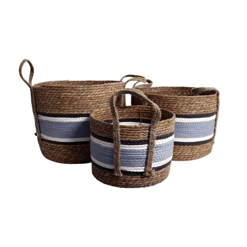 Weaved Baskets Set Of 3  - Thick Grey Stripe Black And White Stripes