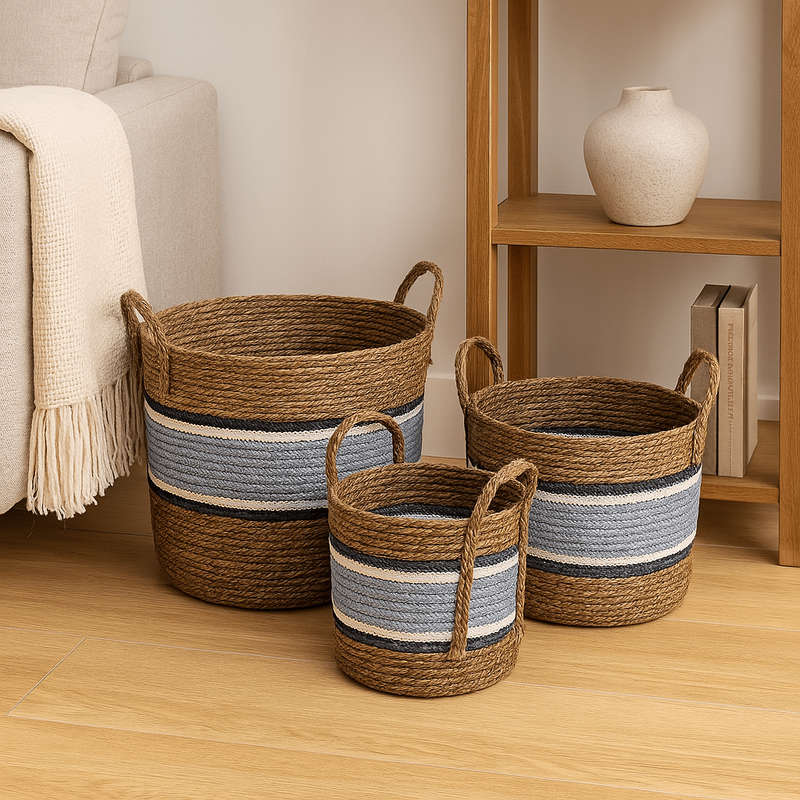Weaved Baskets Set Of 3  - Thick Grey Stripe Black And White Stripes