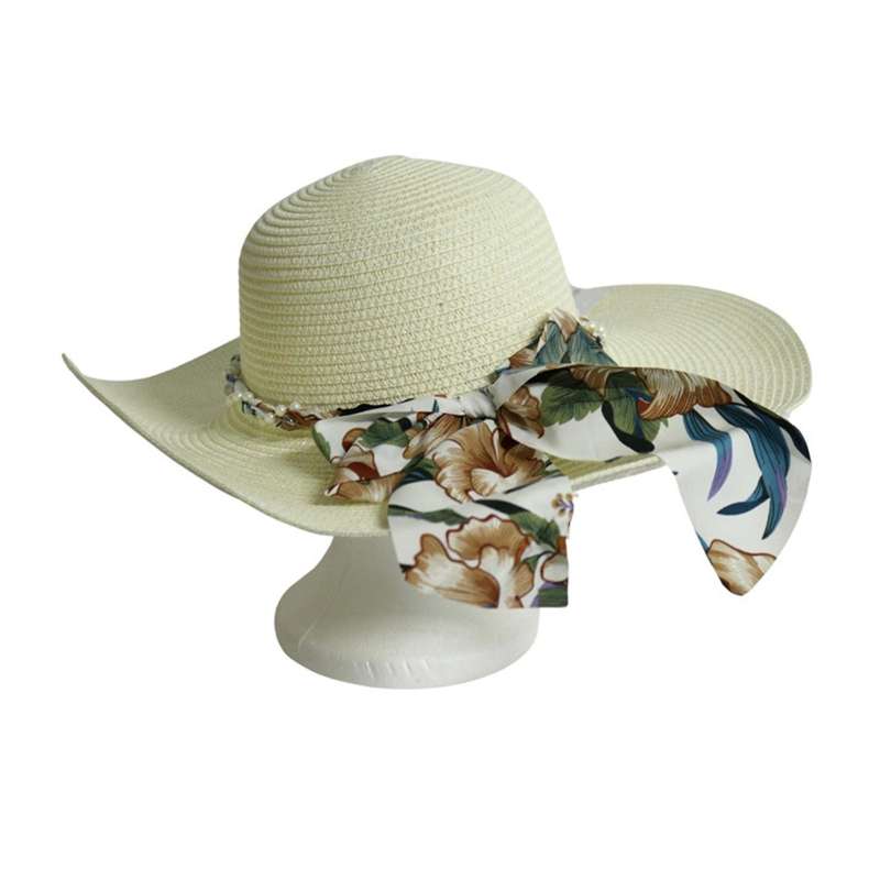 Weaved Beige Hat with Pearl Accent Belt